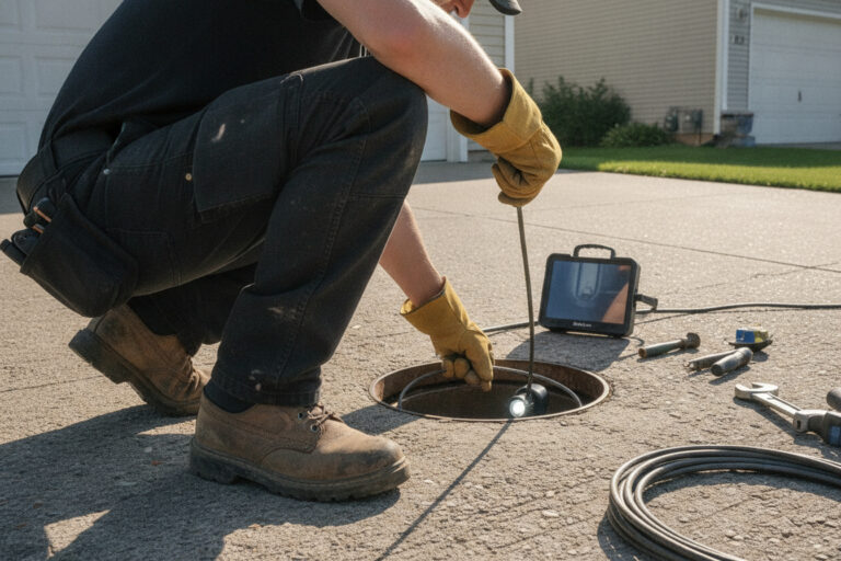 Tradie feeding a drain inspection camera into an outdoor drain (sample image)