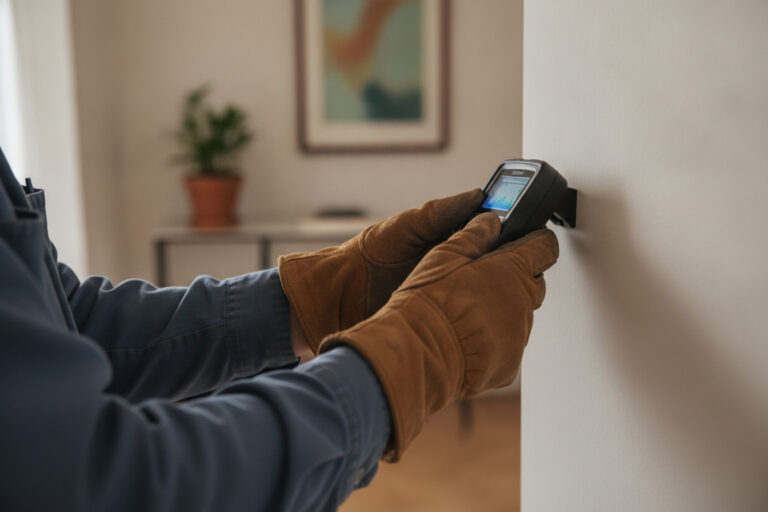 Tradie's gloved hands holding a leak detection device against a wall (sample image)