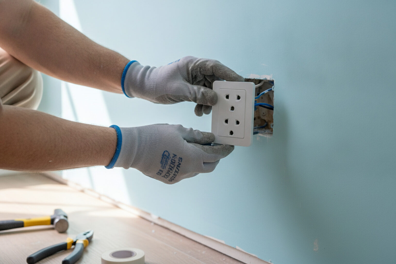 Tradie's gloved hands fitting a new double power point into a wall (sample image)